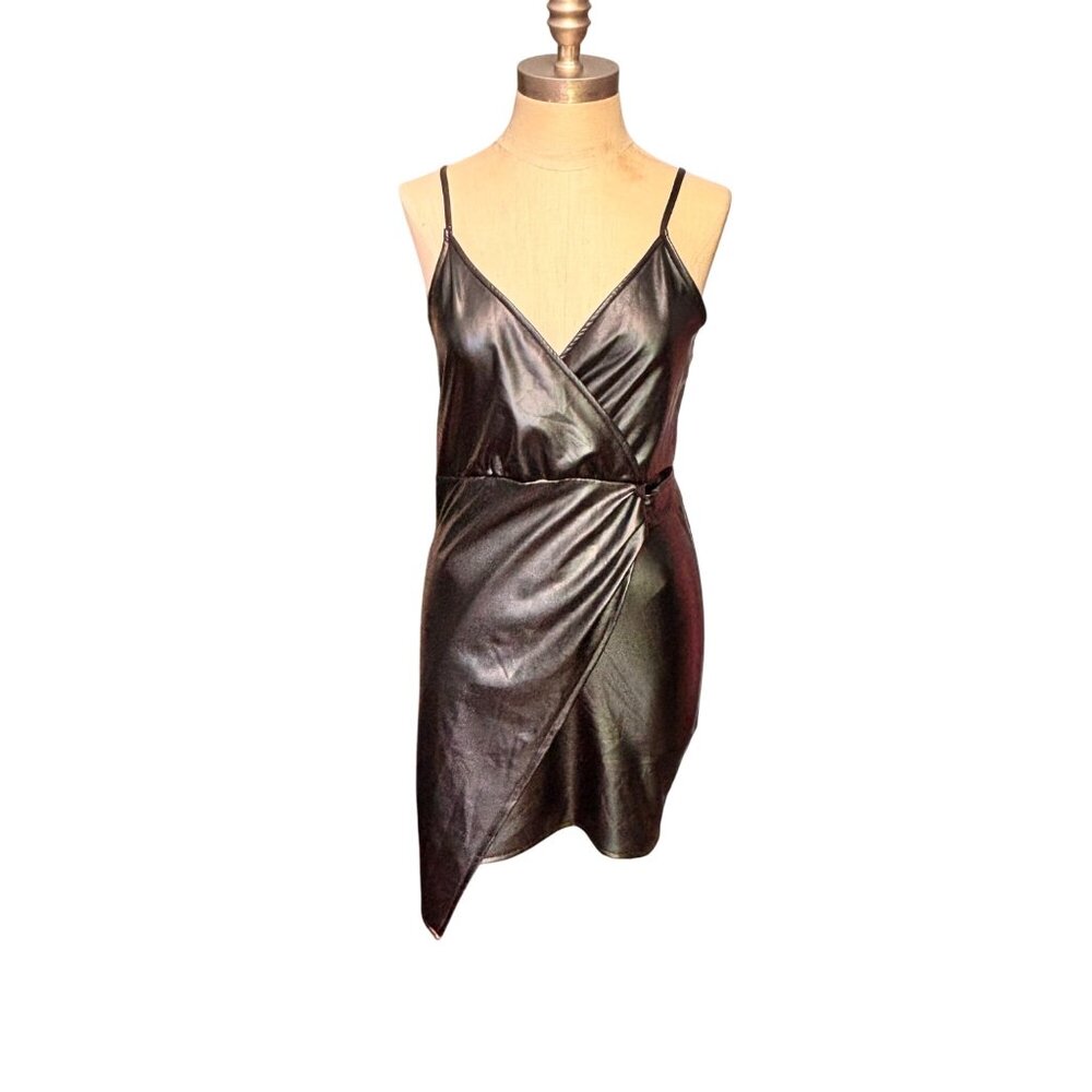 Zaful Black Faux‎ Leather Asymmetrical Mini Dress w/Adjustable Straps Size 8